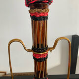 Carafe vintage en verre ambré,laiton et scoubidou