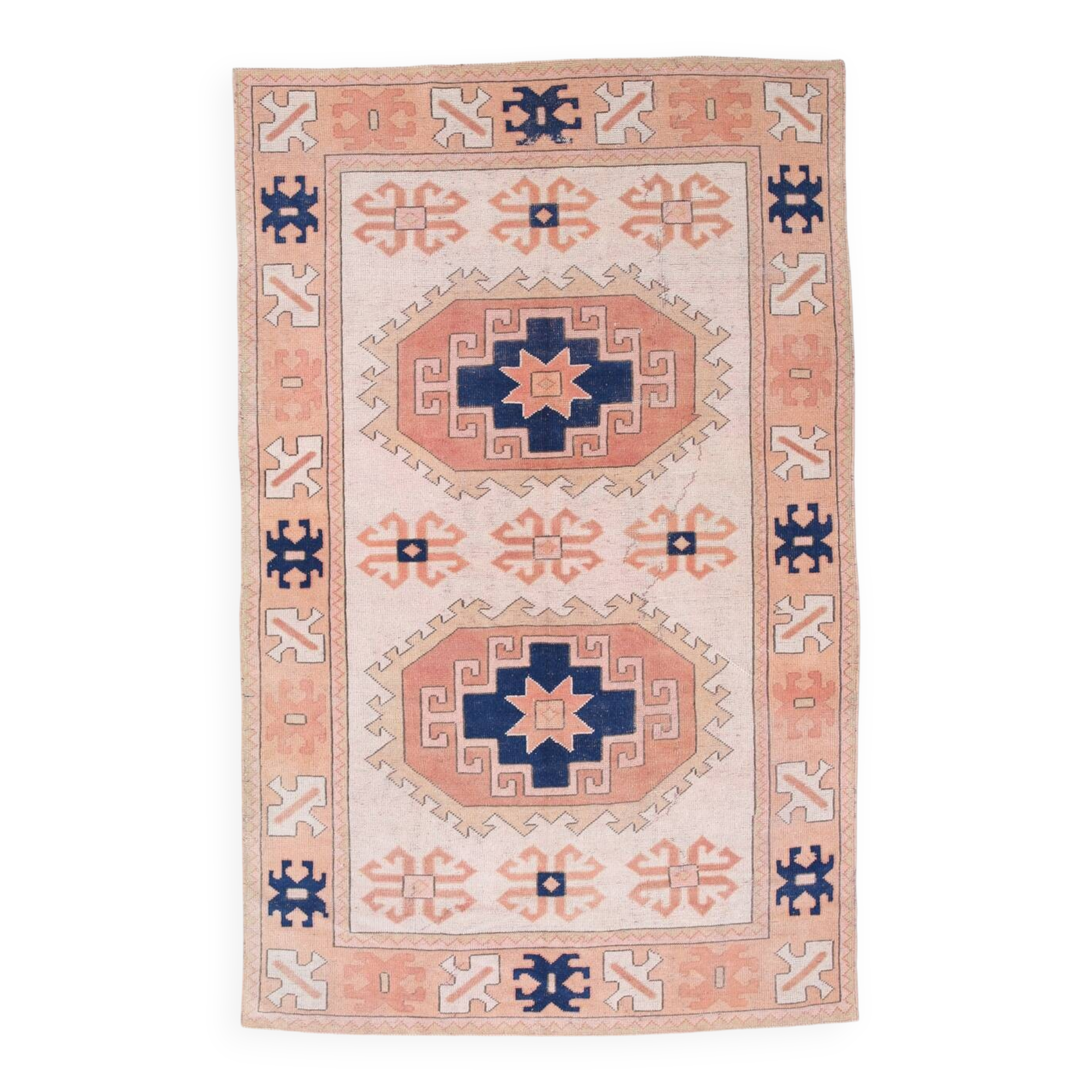 Tapis Kilim Ancien, Motifs Géométriques,Tons Pêche & Bleu Marine,165x263 Cm
