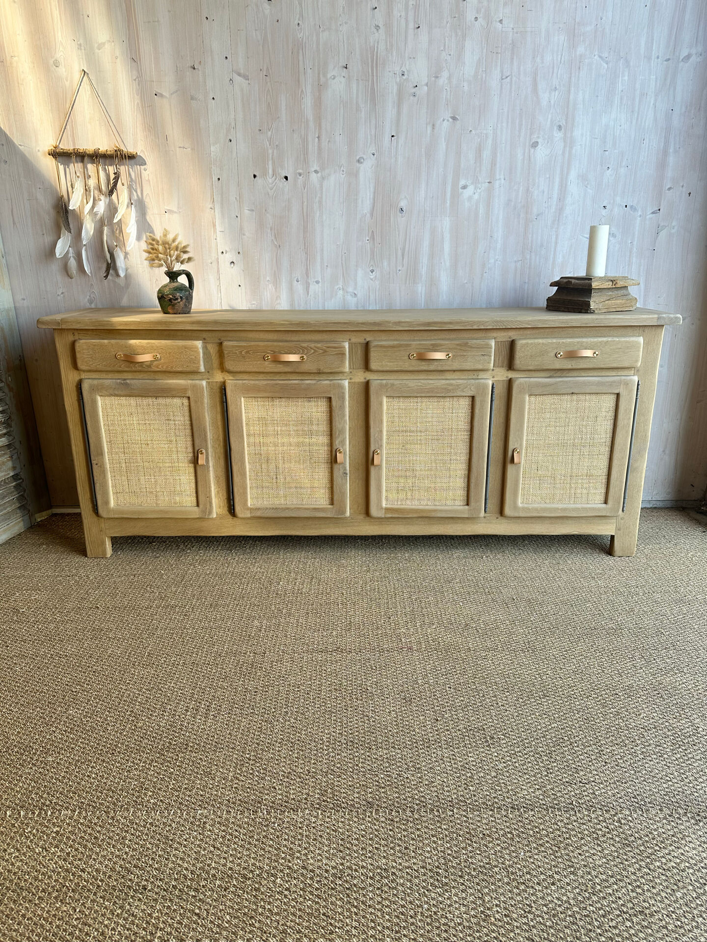 Grande enfilade buffet en chêne massif et cannage – 242 cm