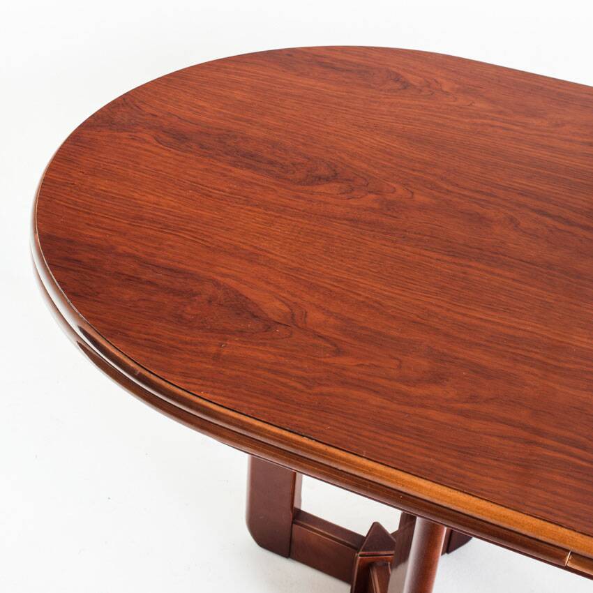 Vintage dining table with two extensions in varnished elm. Spain, 80s.