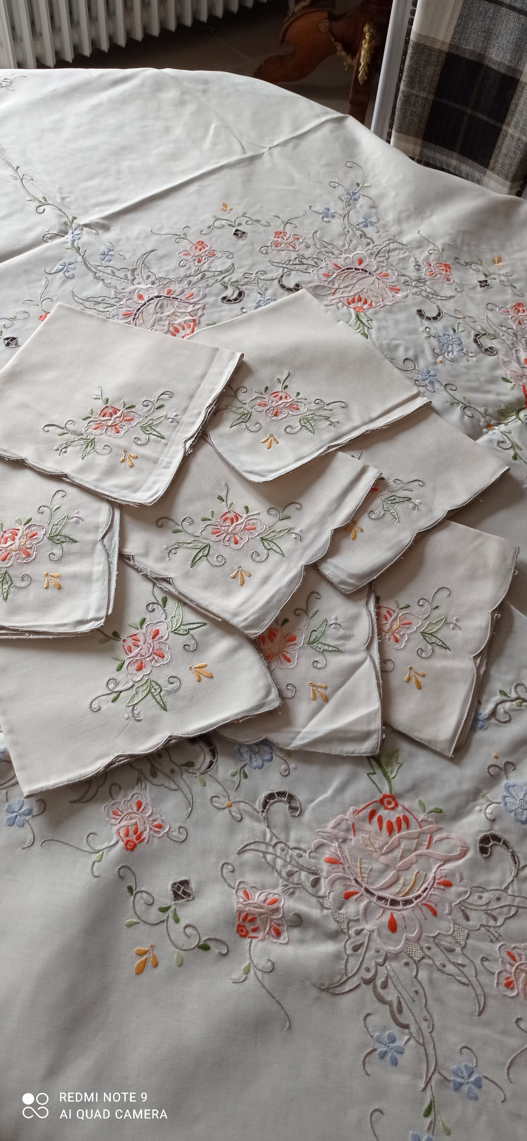 Antique embroidered tablecloth and towels