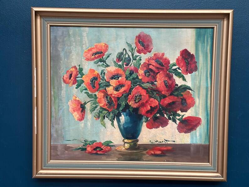 Original Swedish Oil on Canvas – "Red Poppies in a Blue Vase" by C. Horst – Signed – Vintage and Framed – 72 × 62 cm (28.3" × 24.4")