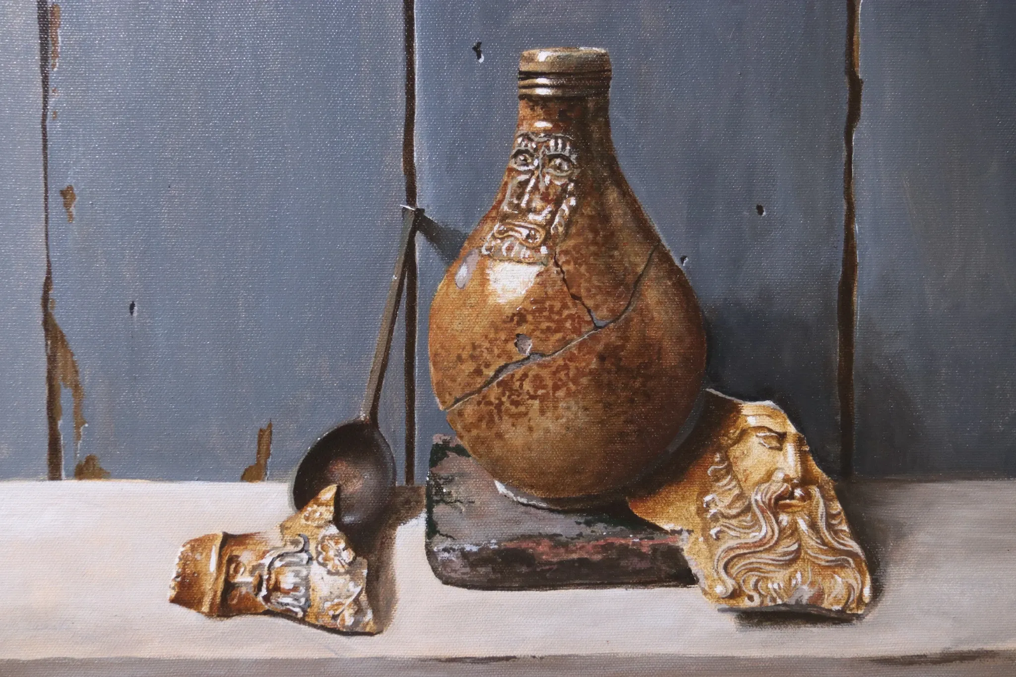 Still life with Bellarmine jug and pewter spoon – Marjolein van den Berg