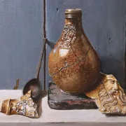 Still life with Bellarmine jug and pewter spoon – Marjolein van den Berg