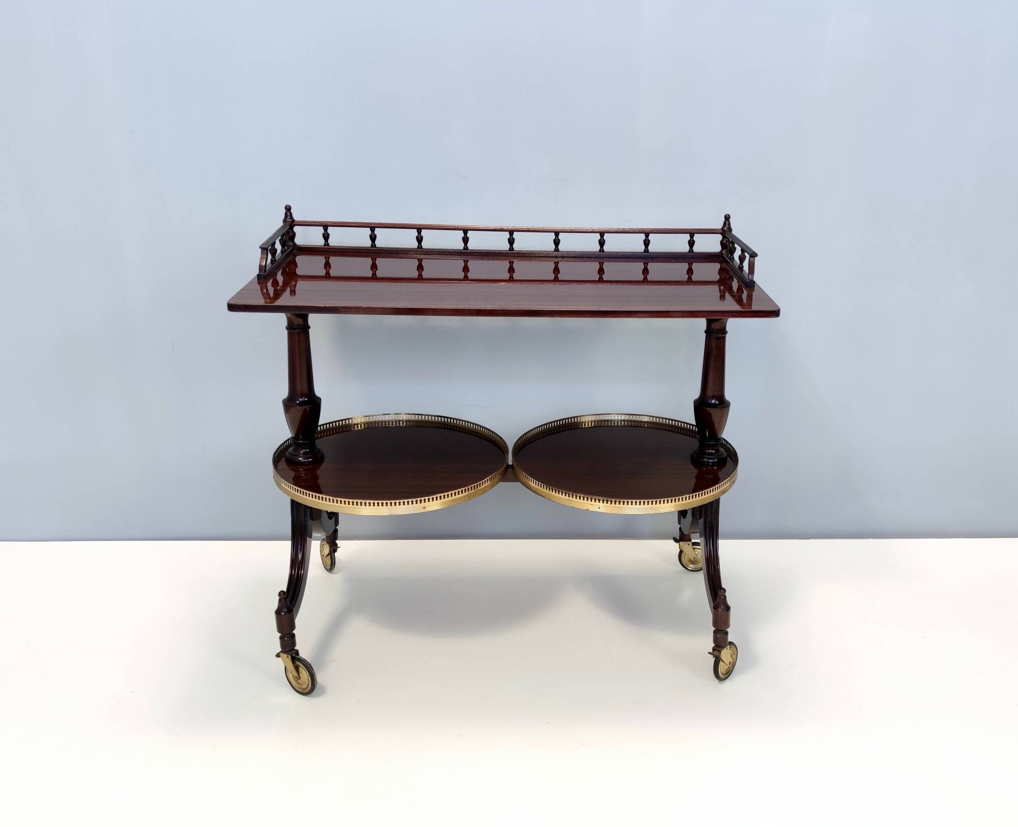 Walnut Serving Cart or Console Table with Two Sliding Shelves, Italy
