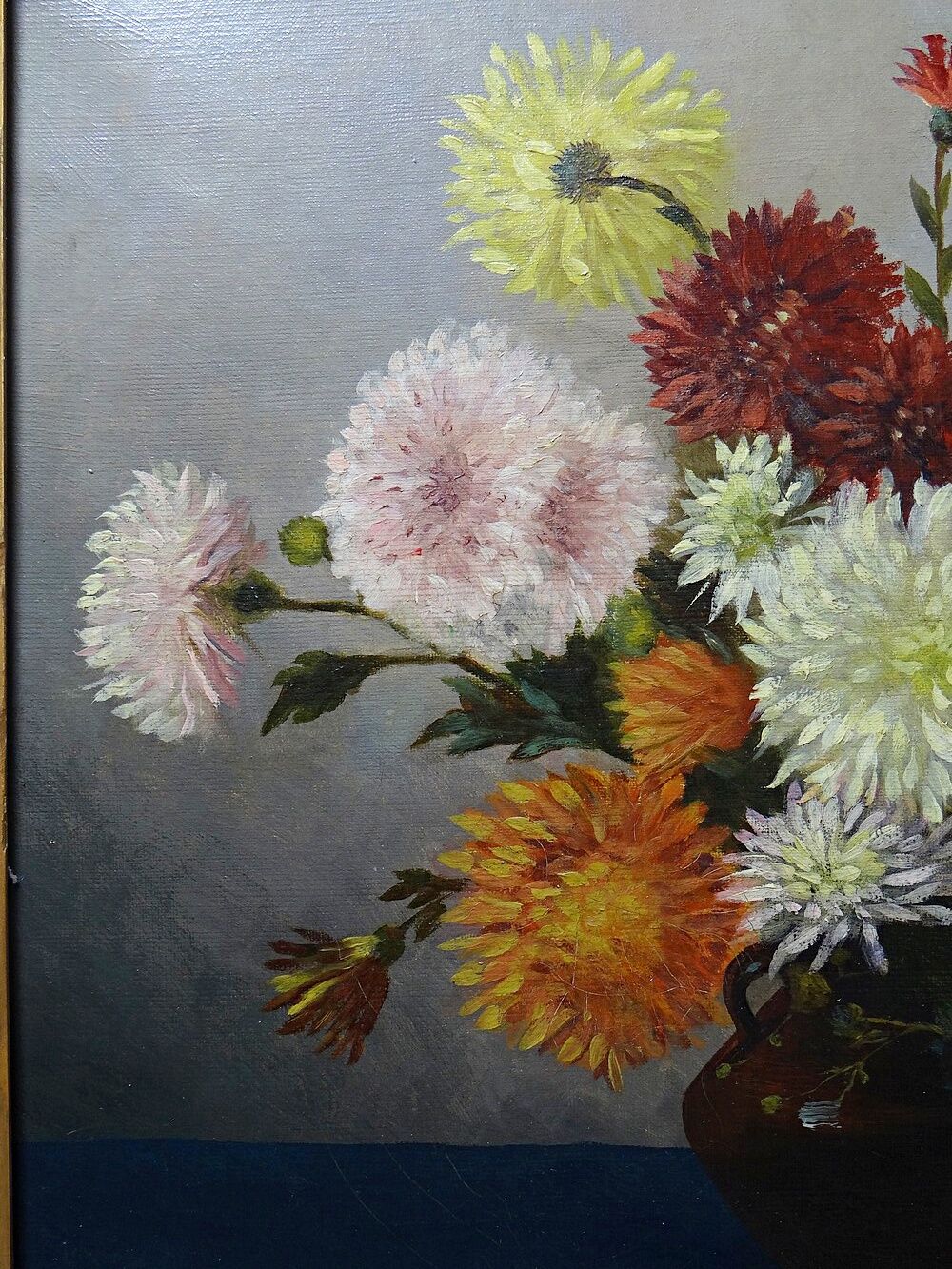 Oil painting on canvas, still life with chrysanthemums, signed L.Porte 1888.