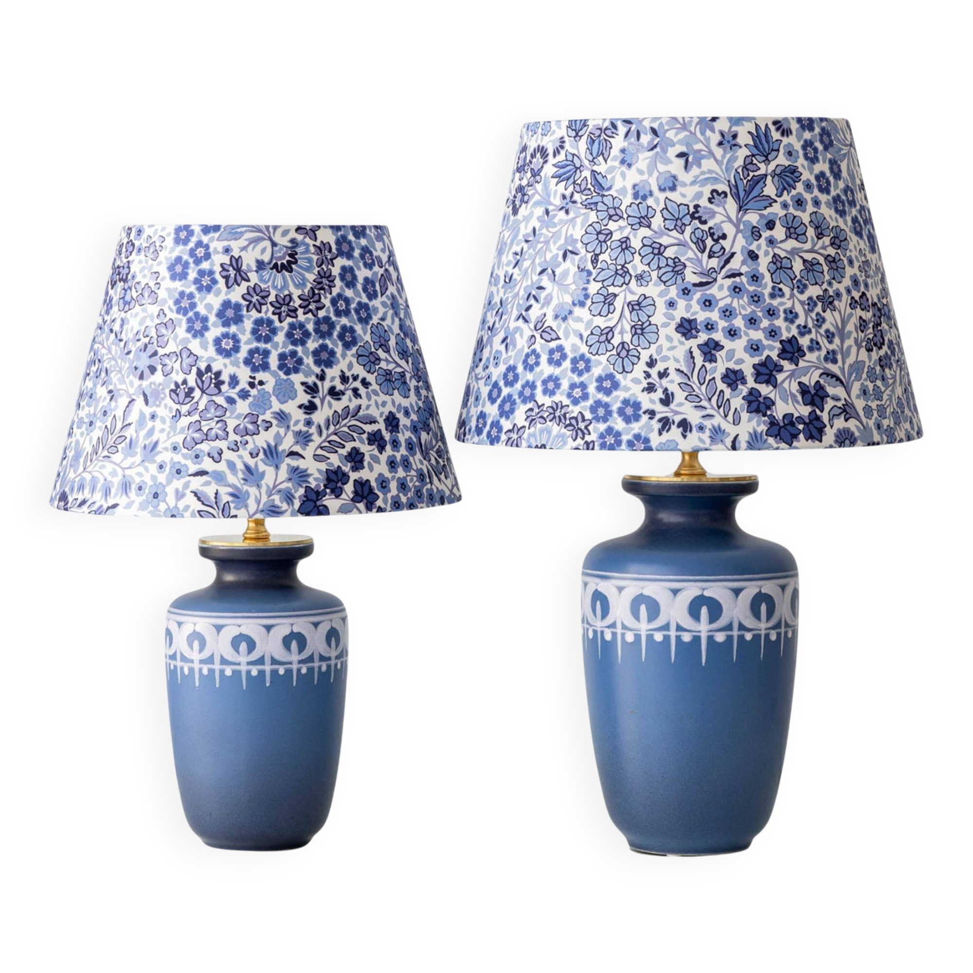 Paire de lampes de table en céramique néerlandaises du milieu du siècle moderne avec nouveaux abat-jours Liberty