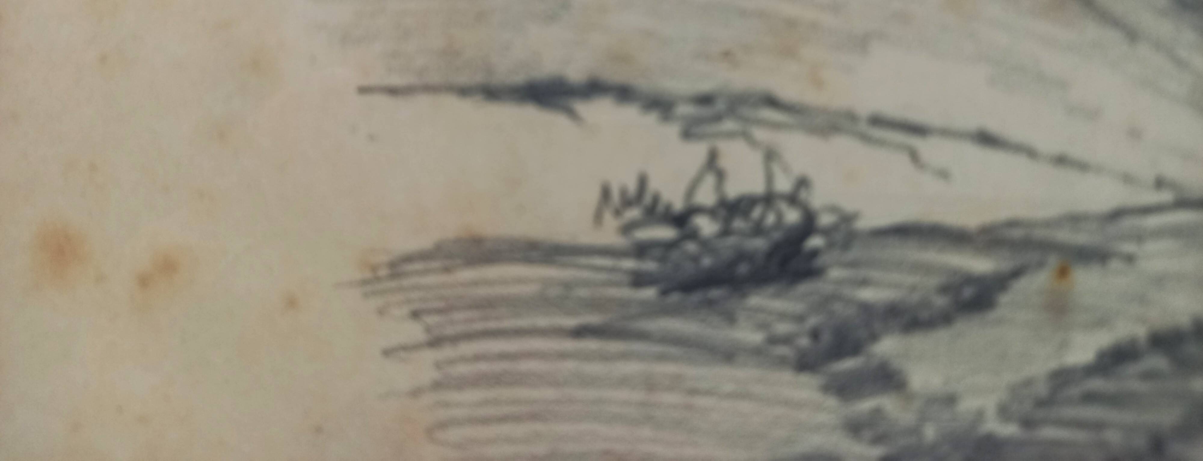 Antique pencil drawing, thatched cottages, rural landscape, framed