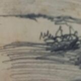 Antique pencil drawing, thatched cottages, rural landscape, framed