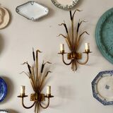 Pair of 2-light reed wall lights in gold and black metal