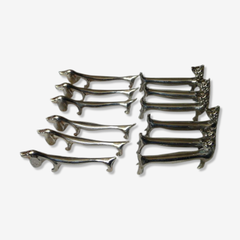 12 silver metal knife holders 6 dogs and 6 cats