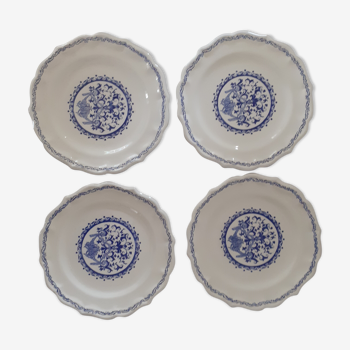 Set de 4 assiettes faîence de Gien camaieu bleu motif central et rinceaux  modèle rouen