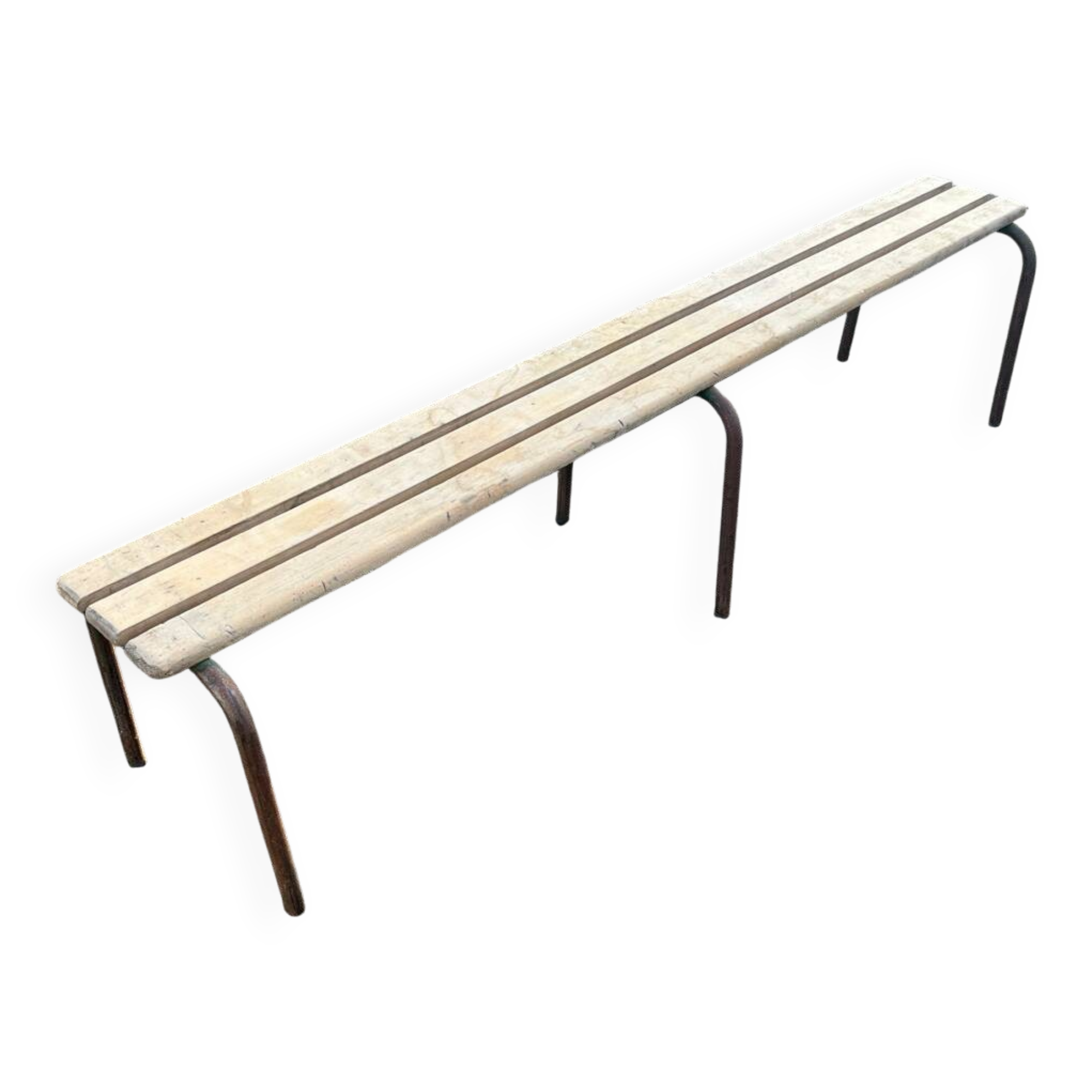 Large vintage school bench from the 1950s, made of wood and metal