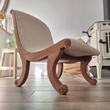 Vintage gondola armchair in beige linen fabric.