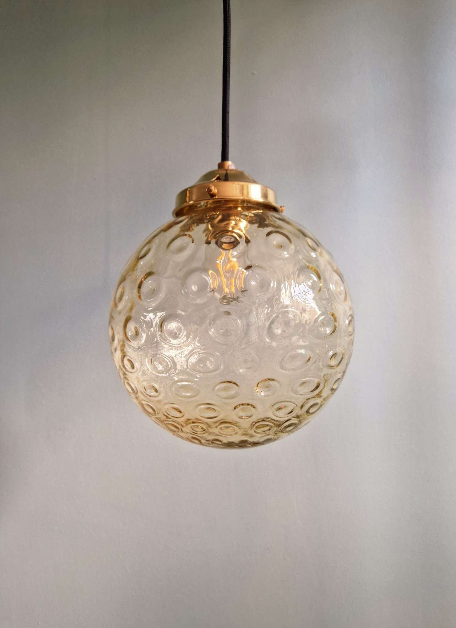 Pair of amber bubble glass pendant lights, 1970s