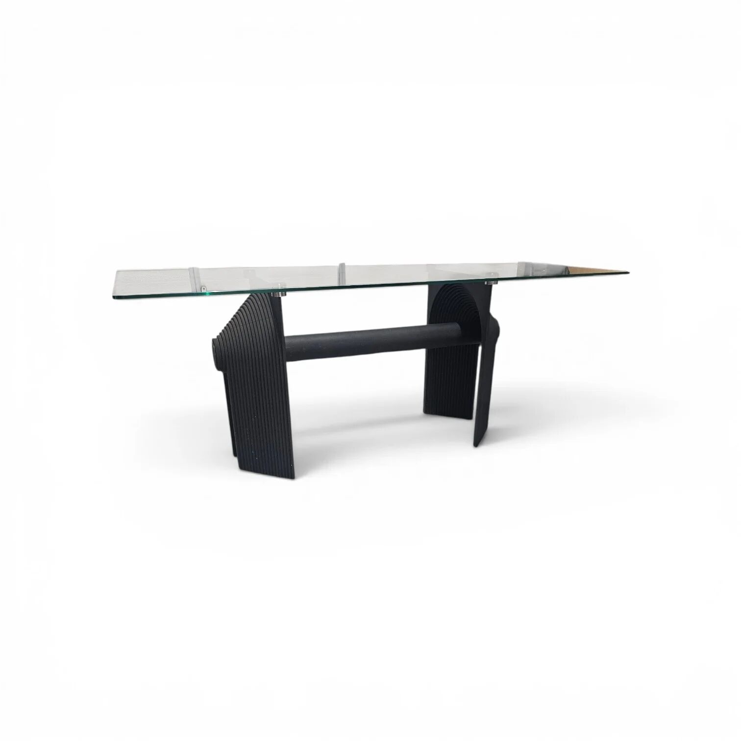 Post Modern Cast Iron Black Dining Table or Desk with Glass Top / 1980s