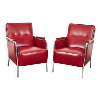 Mid Century Burgundy Leather Armchairs in Bauhaus Style by József Peresztegi, Hungary 1950s,