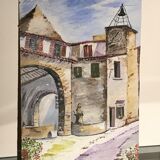 Painting, landscape, village scene at fountain