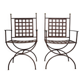 Pair of curule armchairs in woven iron and gilded brass (B)