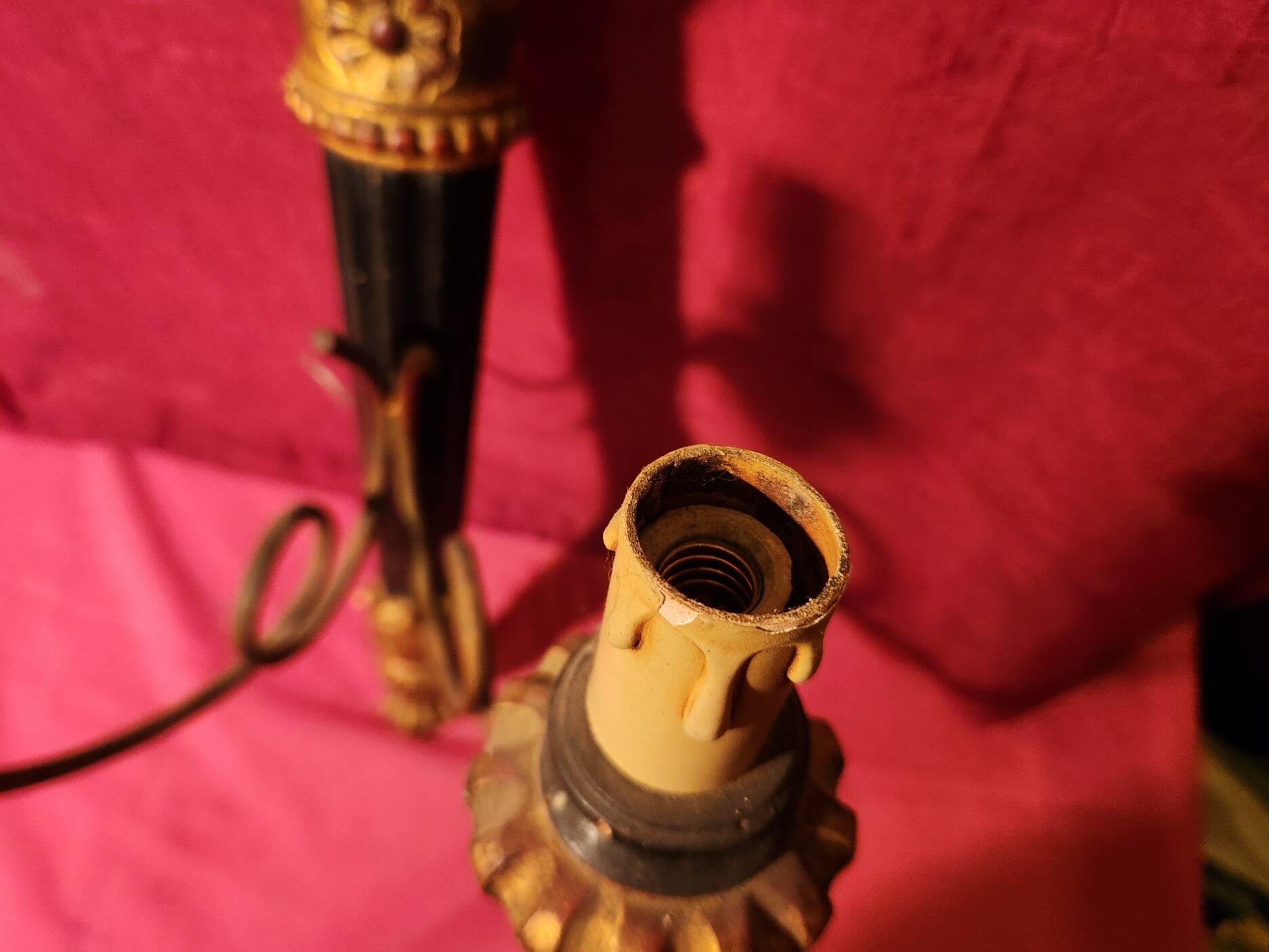 Large antique double wall light in gilded and black wood from the attic