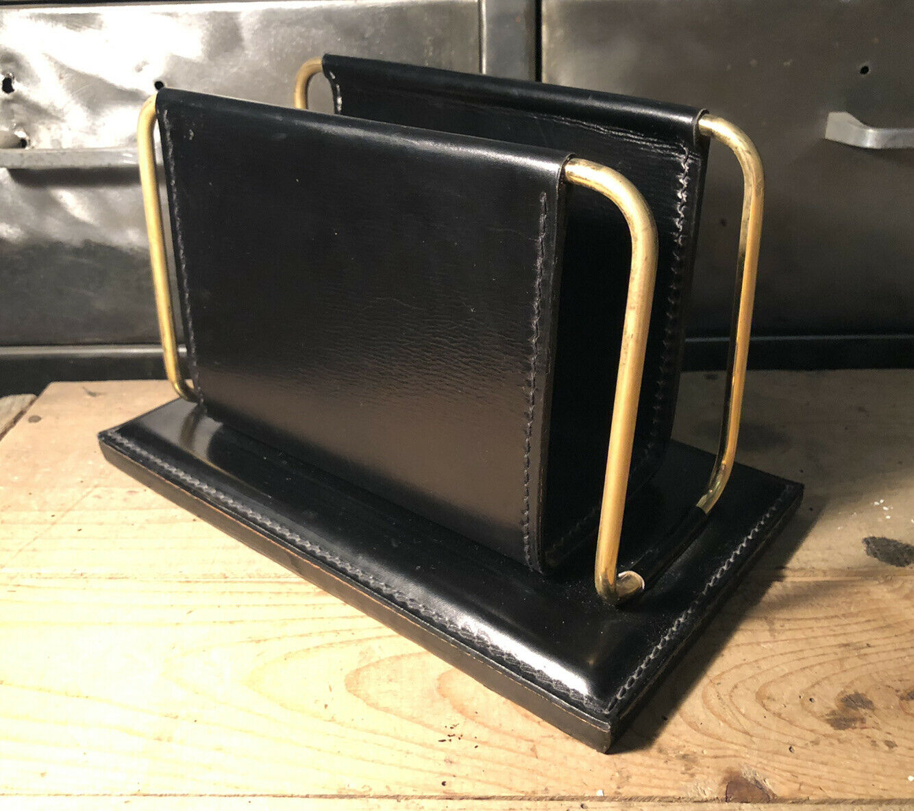 Vintage leather and brass office mail holder