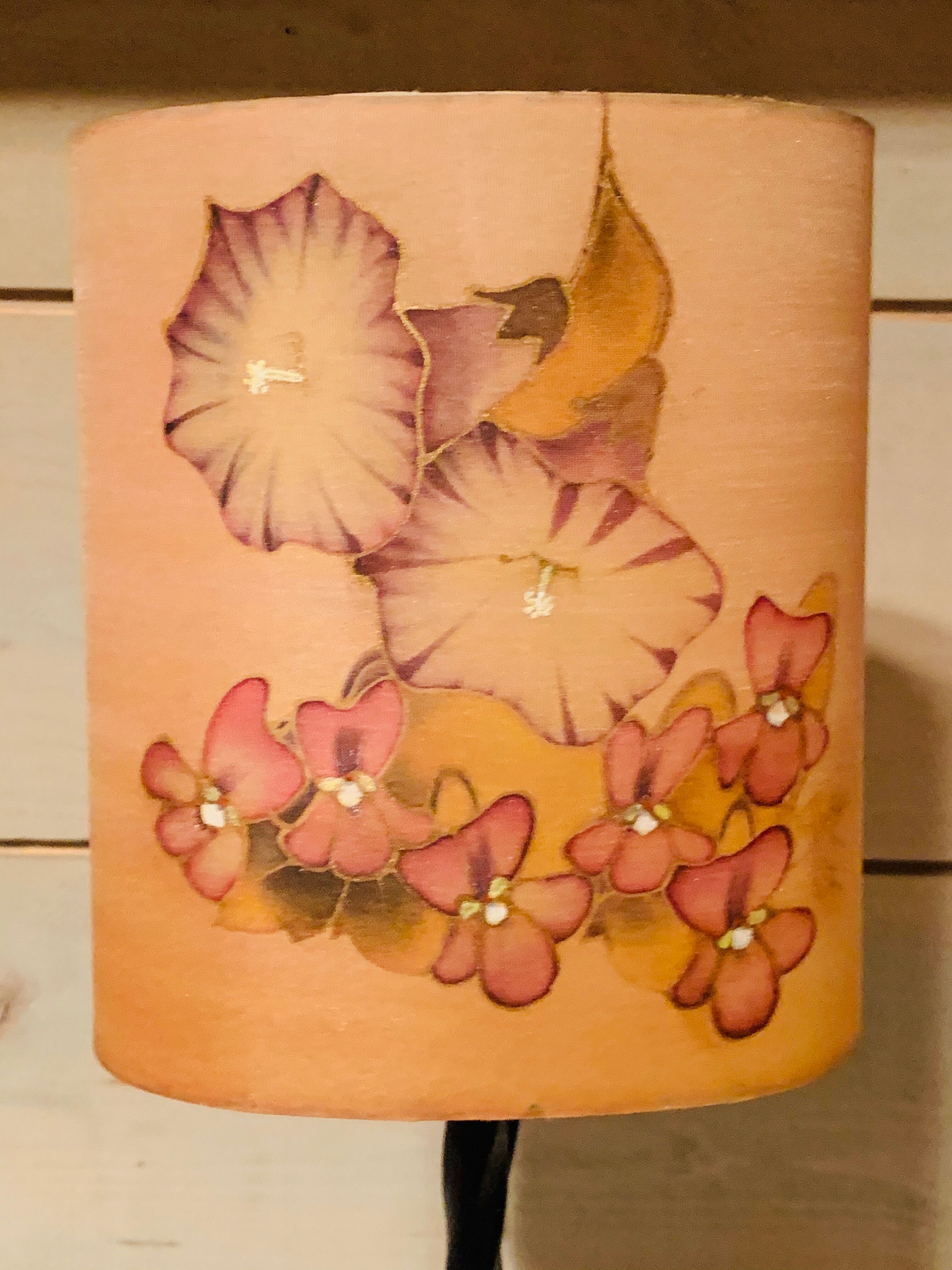 Vintage wrought iron foot lamp and silk dayshade