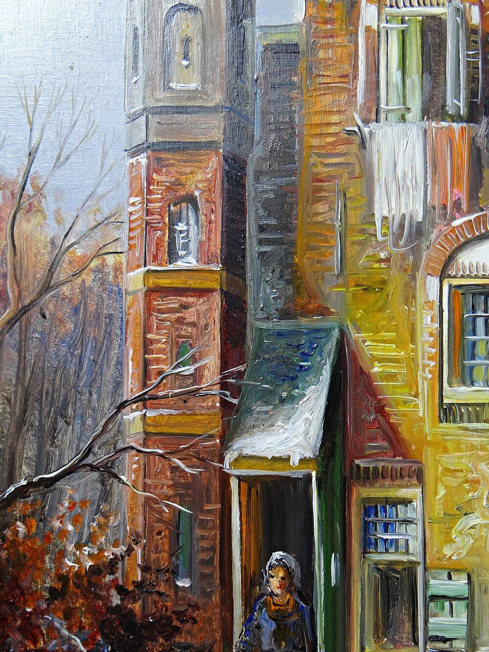 Large painting of an urban scene, oil on wood, framed, John Haanstra, vintage.