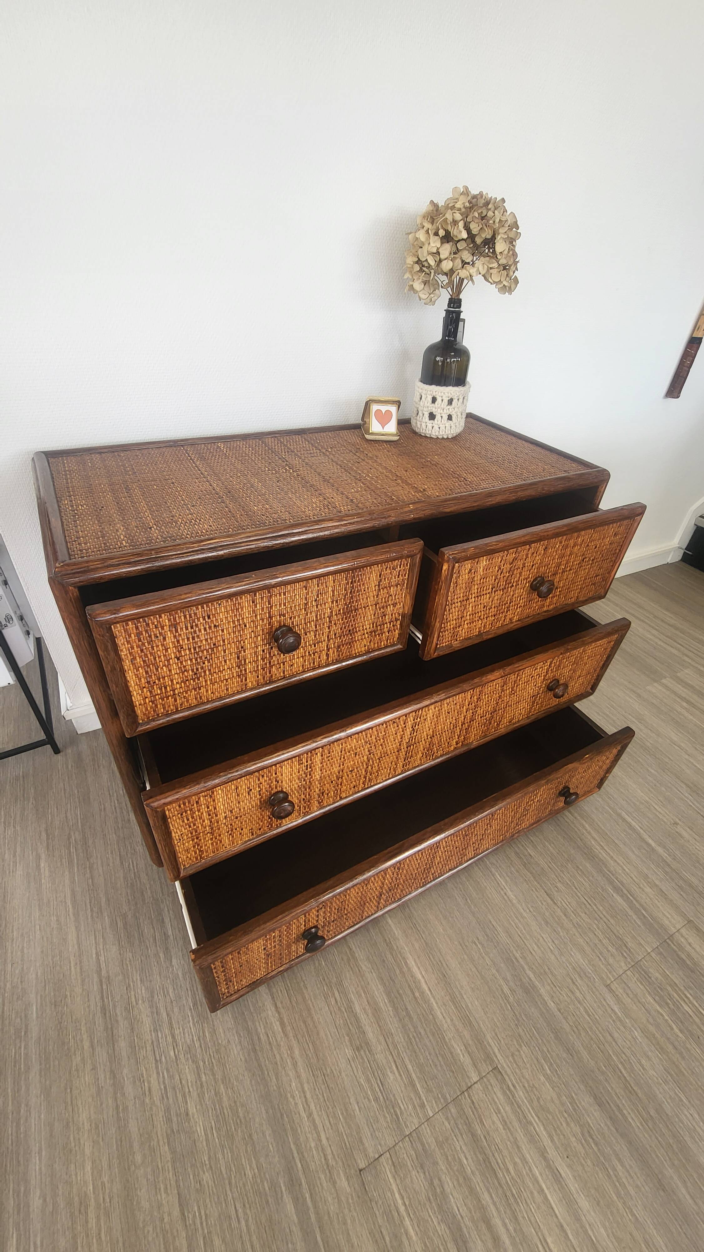 Rattan and solid wood chest of drawers