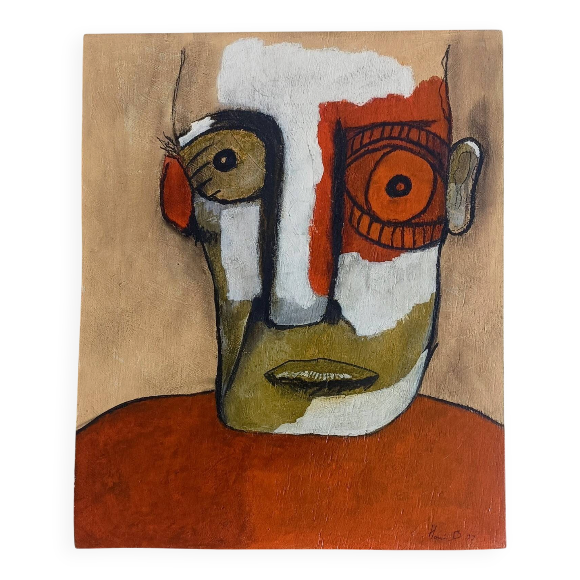 Abstract neo-primitive French portrait painting, mixed media on panel, 1999