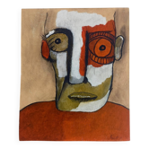 French Neo-Primitive Abstract Portrait Painting, Mixed Media on Panel, 1999