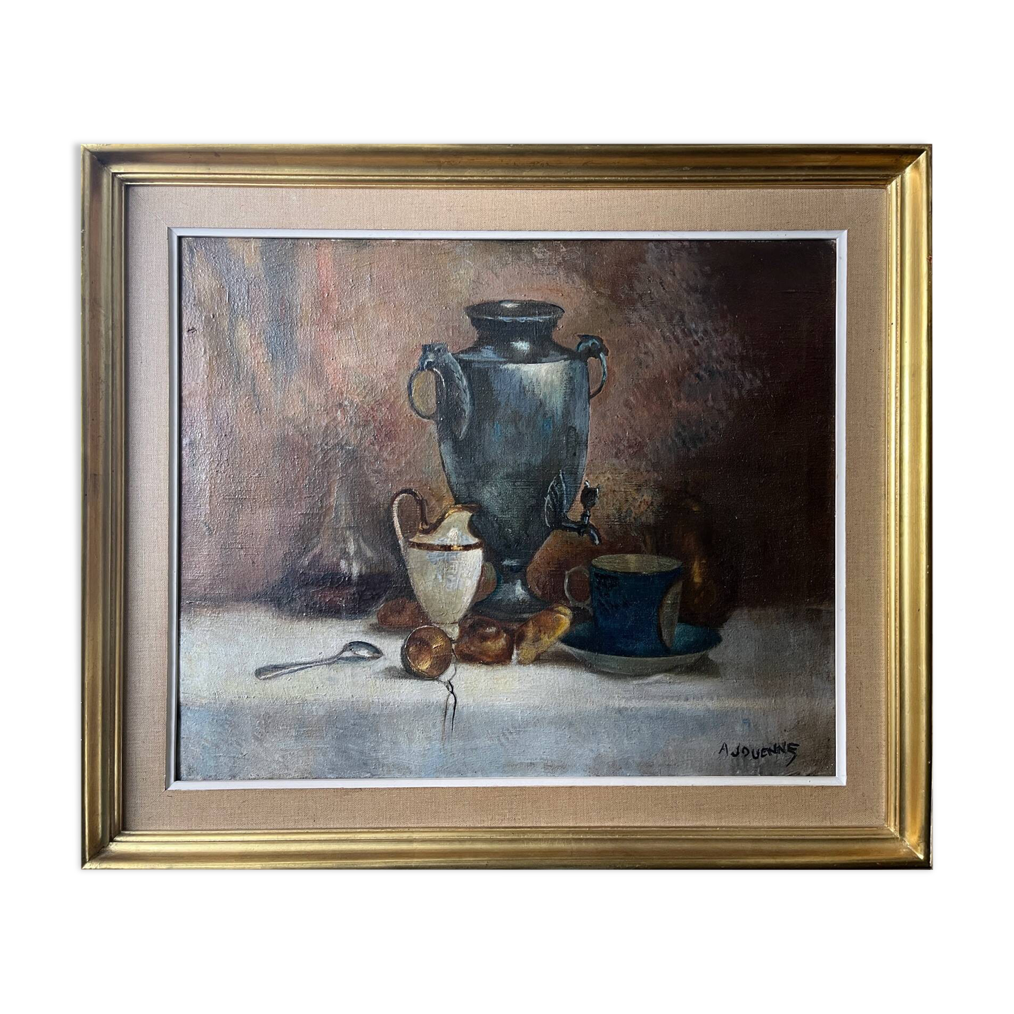 Antique HST painting "Still life: breakfast" signed A. Jouenne + ca