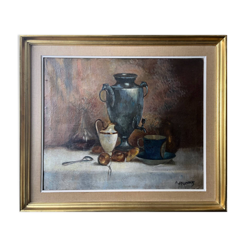 Old painting HST "Still Life: Breakfast" signed A. Jouenne + ca