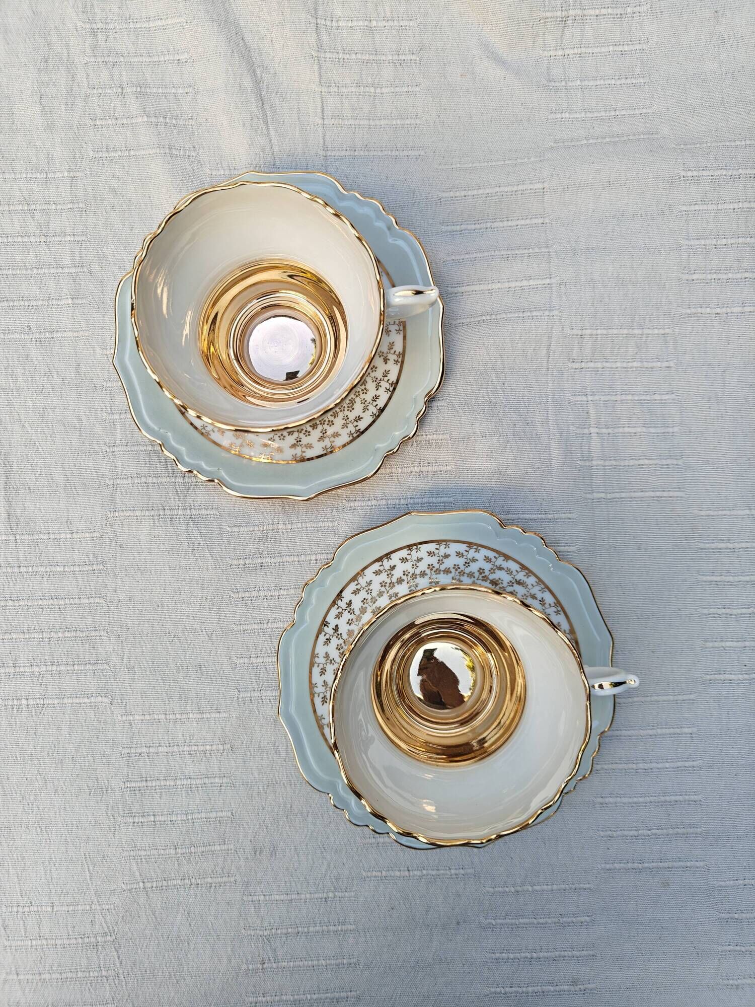 Duo of tea cups and saucers Limoges Lucien Michelaud - Green porcelain