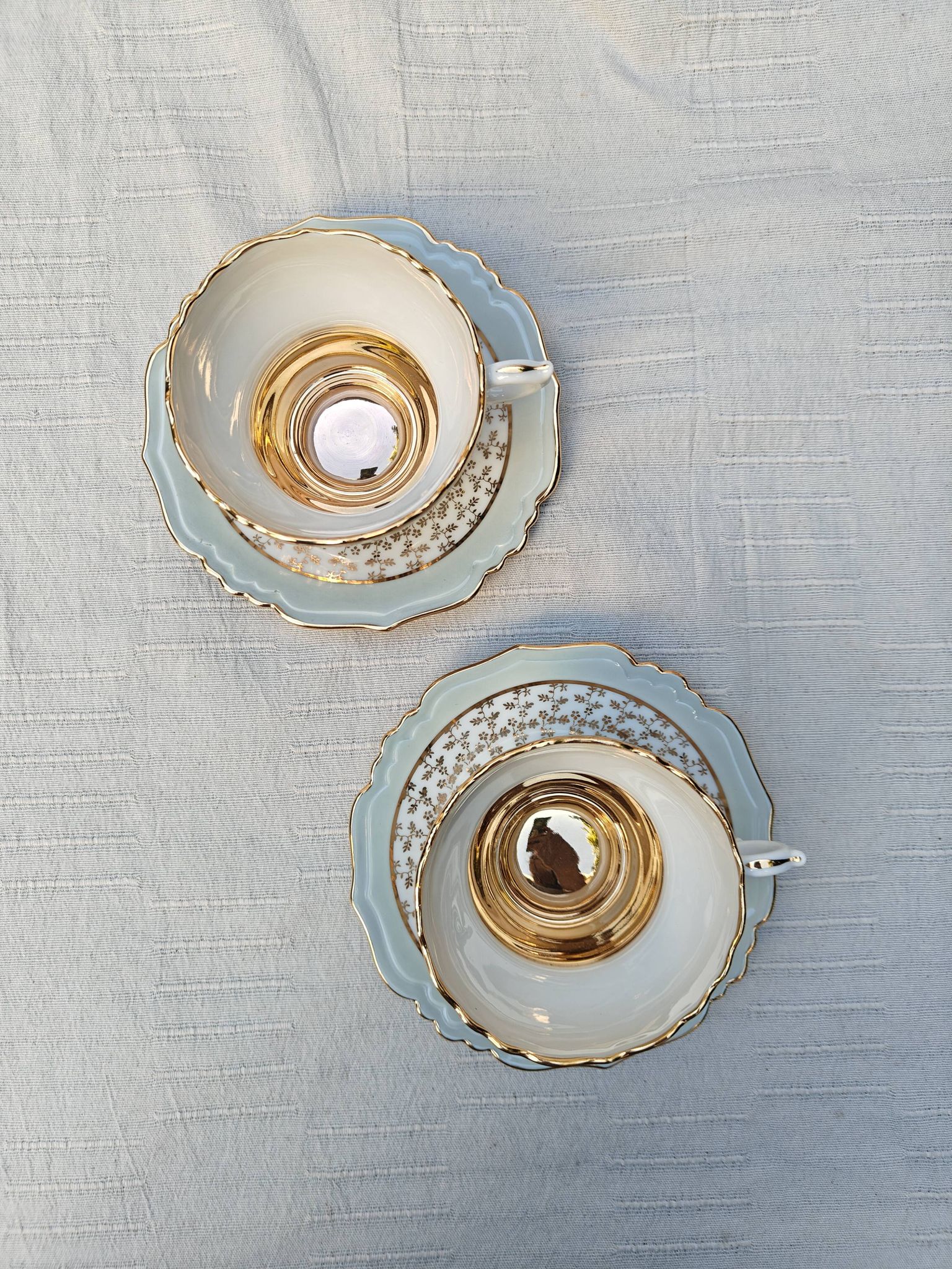 Duo of tea cups and saucers Limoges Lucien Michelaud - Green porcelain