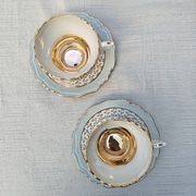 Duo of tea cups and saucers Limoges Lucien Michelaud - Green porcelain