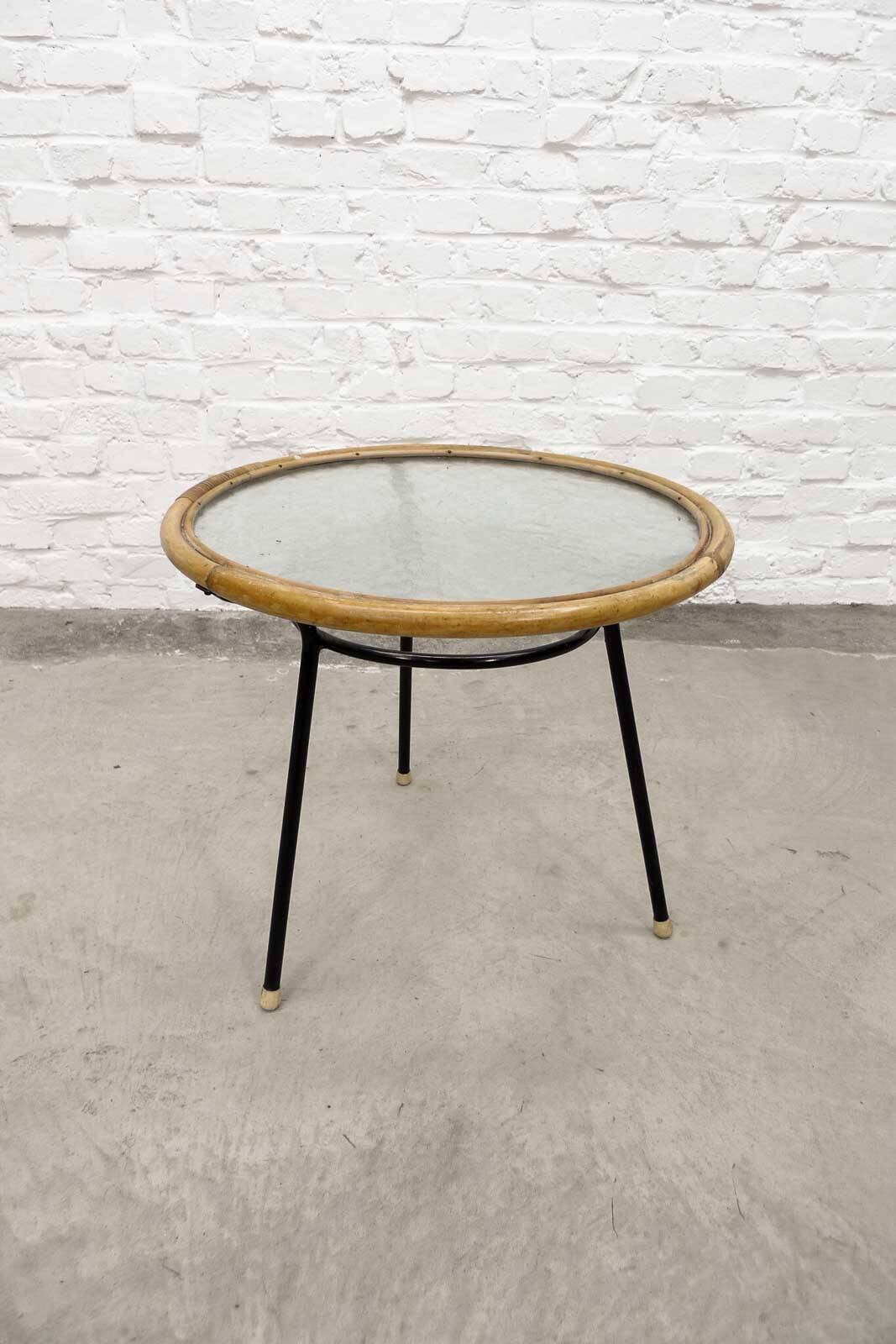Mid-Century Set of Three Round Rattan and Glass Side Tables, 1960s