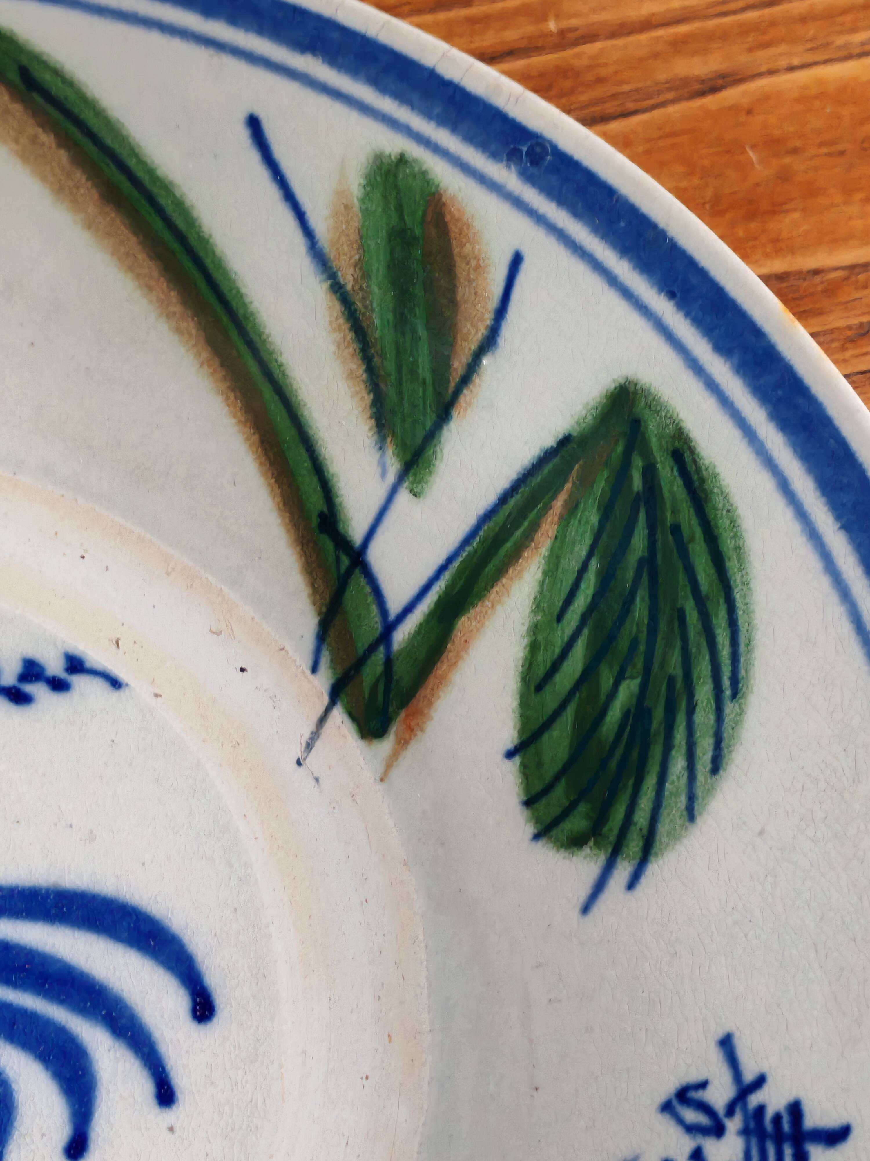 Large Vintage Hand-Painted Plate "Rooster and Foliage"