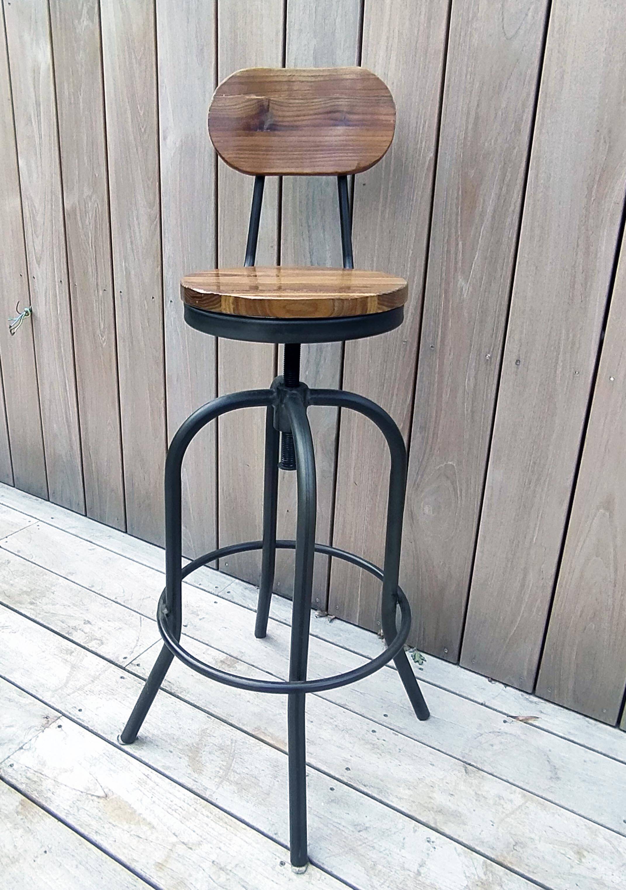 Set of two bar stools in wood and metal, industrial style.