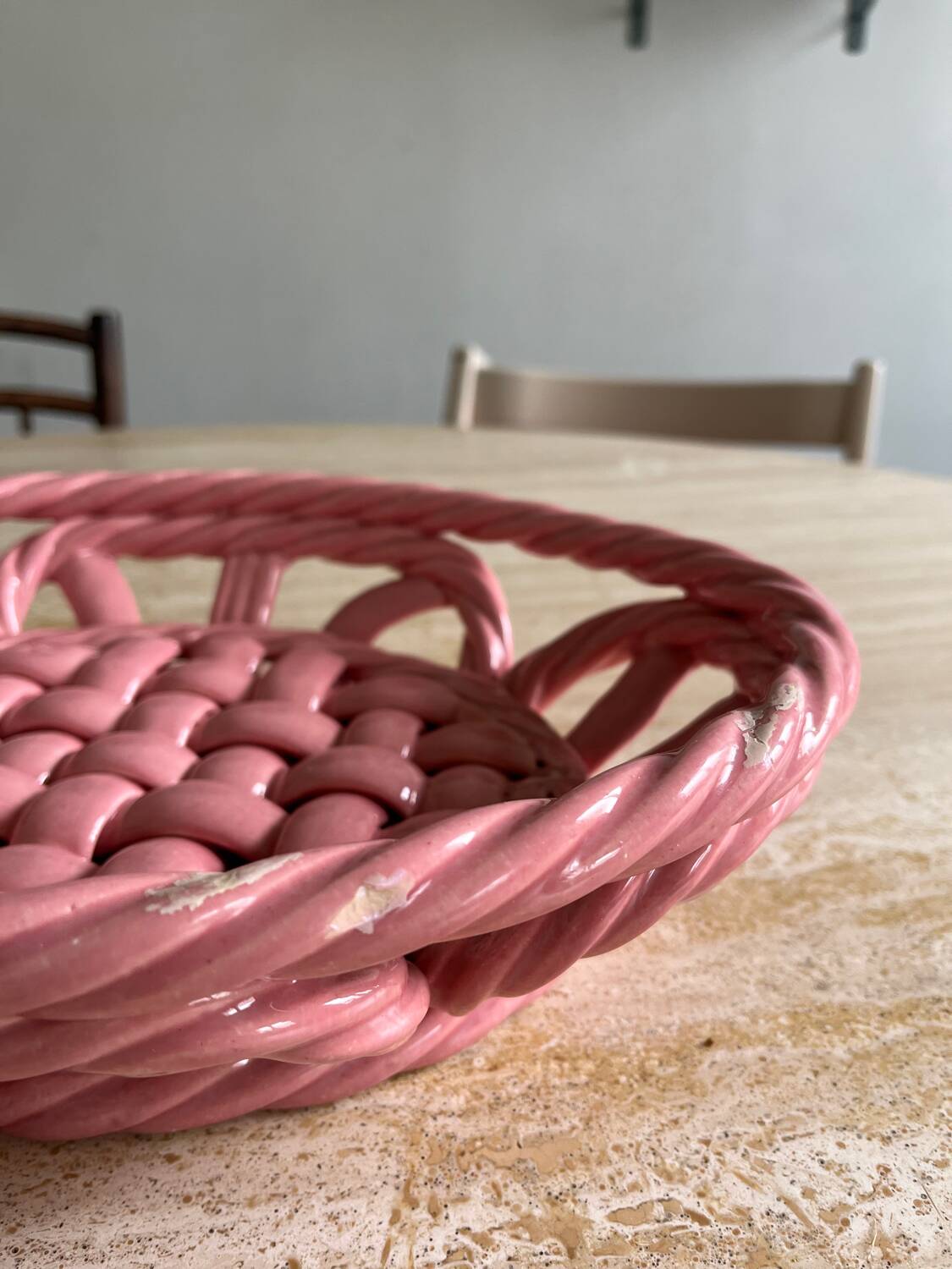 Vintage pink woven ceramic fruit basket