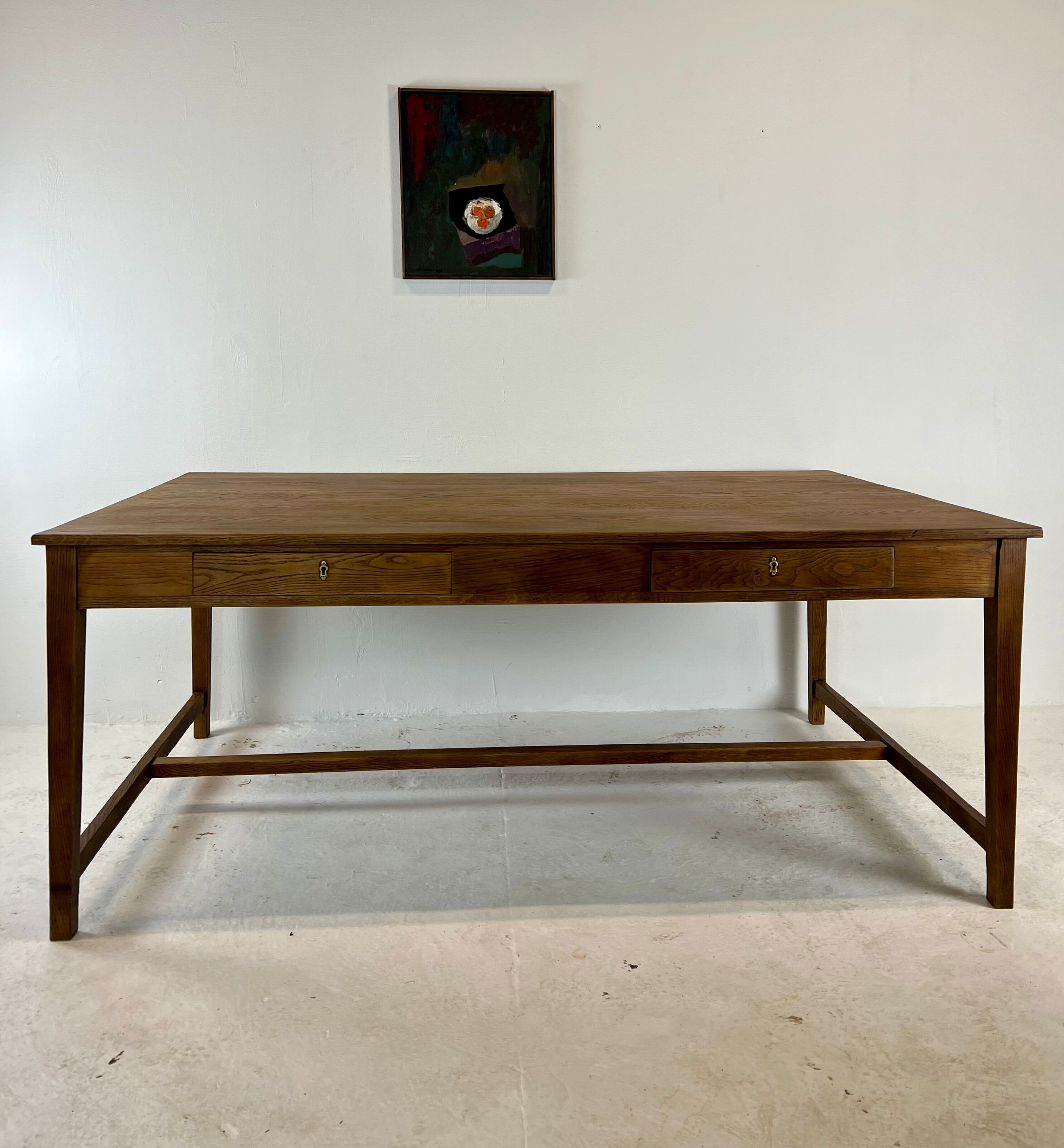Two-sided oak work table, with 4 drawers