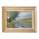 Old oil painting village river landscape canvas with wooden frame