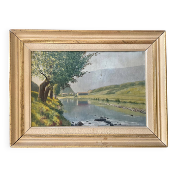 Old oil painting village river landscape canvas with wooden frame
