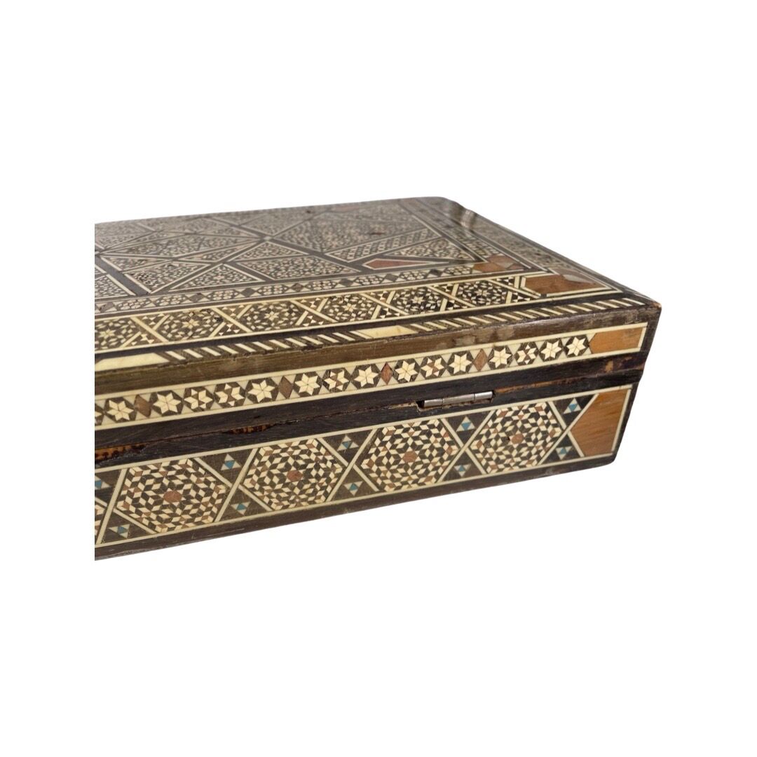 Large Persian marquetry box inlaid with its key