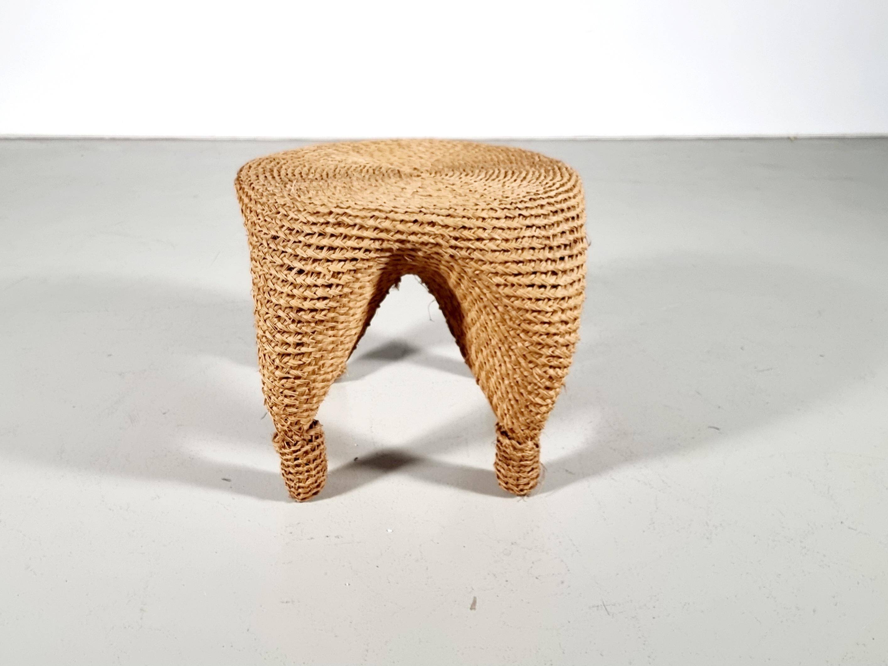 Wicker and pine needle table and stools, France, 1980s