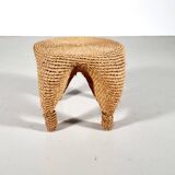 Wicker and pine needle table and stools, France, 1980s