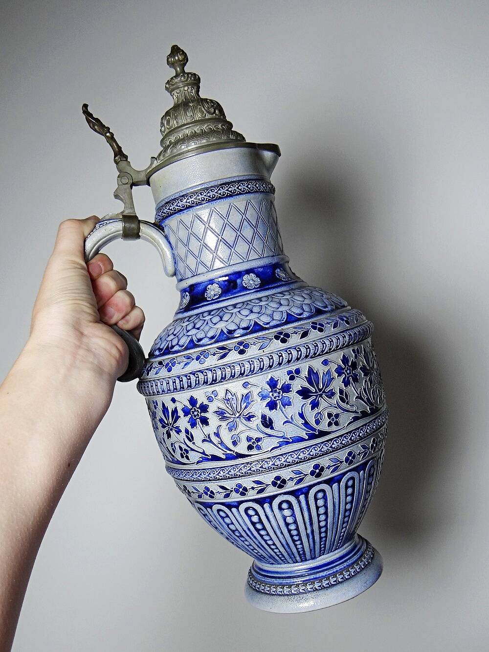 Large beer pitcher in salt-glazed stoneware and pewter, Germany, Westerwald type