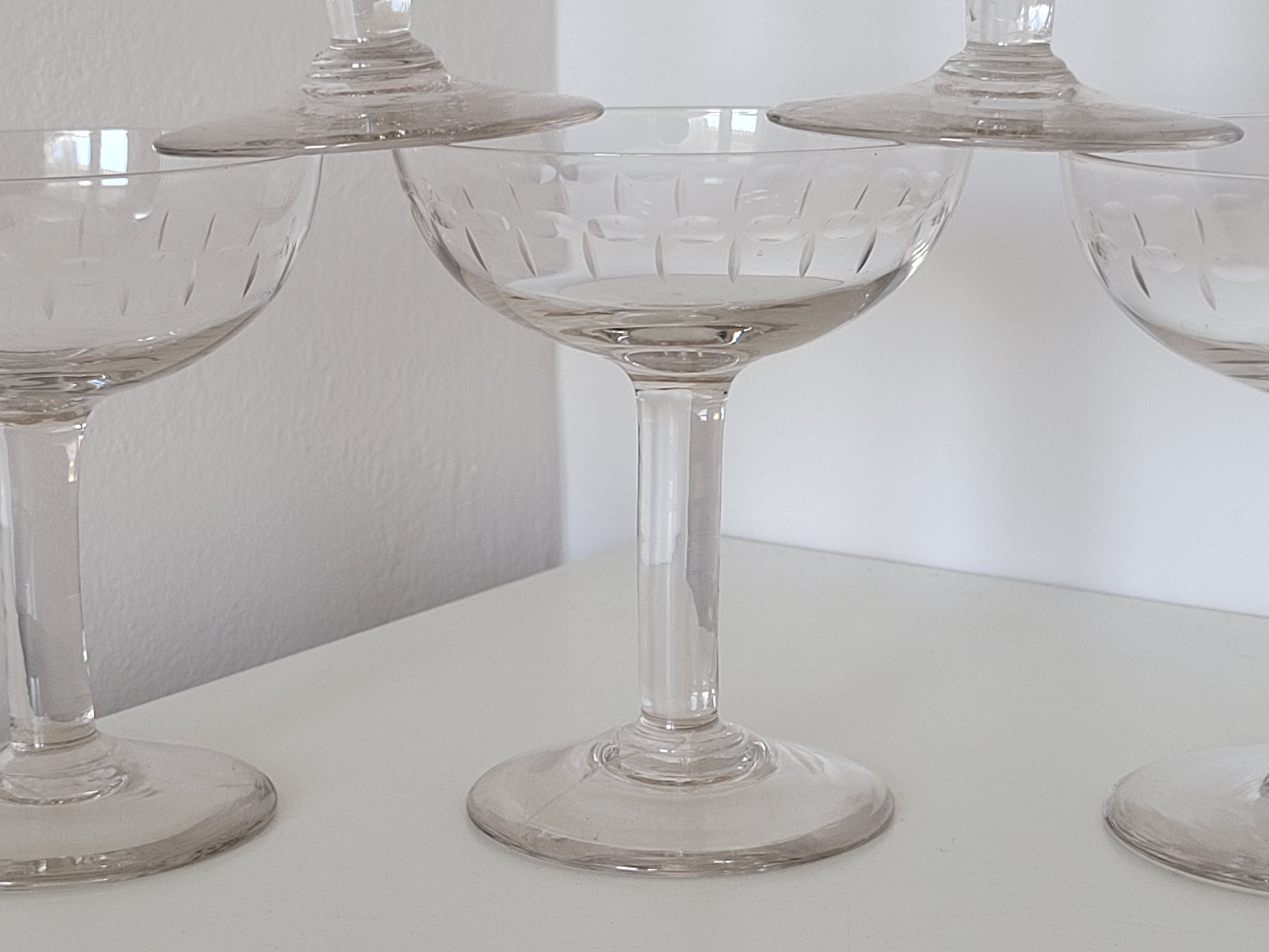 6 old champagne glasses 1930 in blown and cut glass