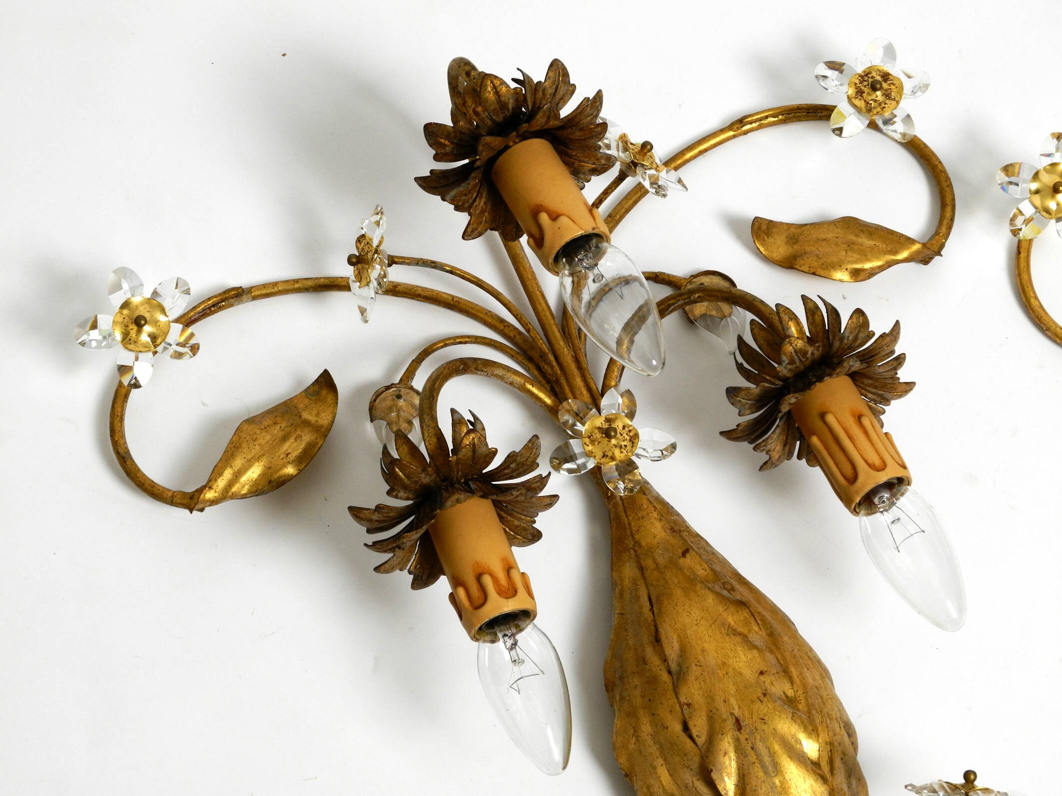Pair of gold plated Italian 1980's floral Regency Murano glass sconces