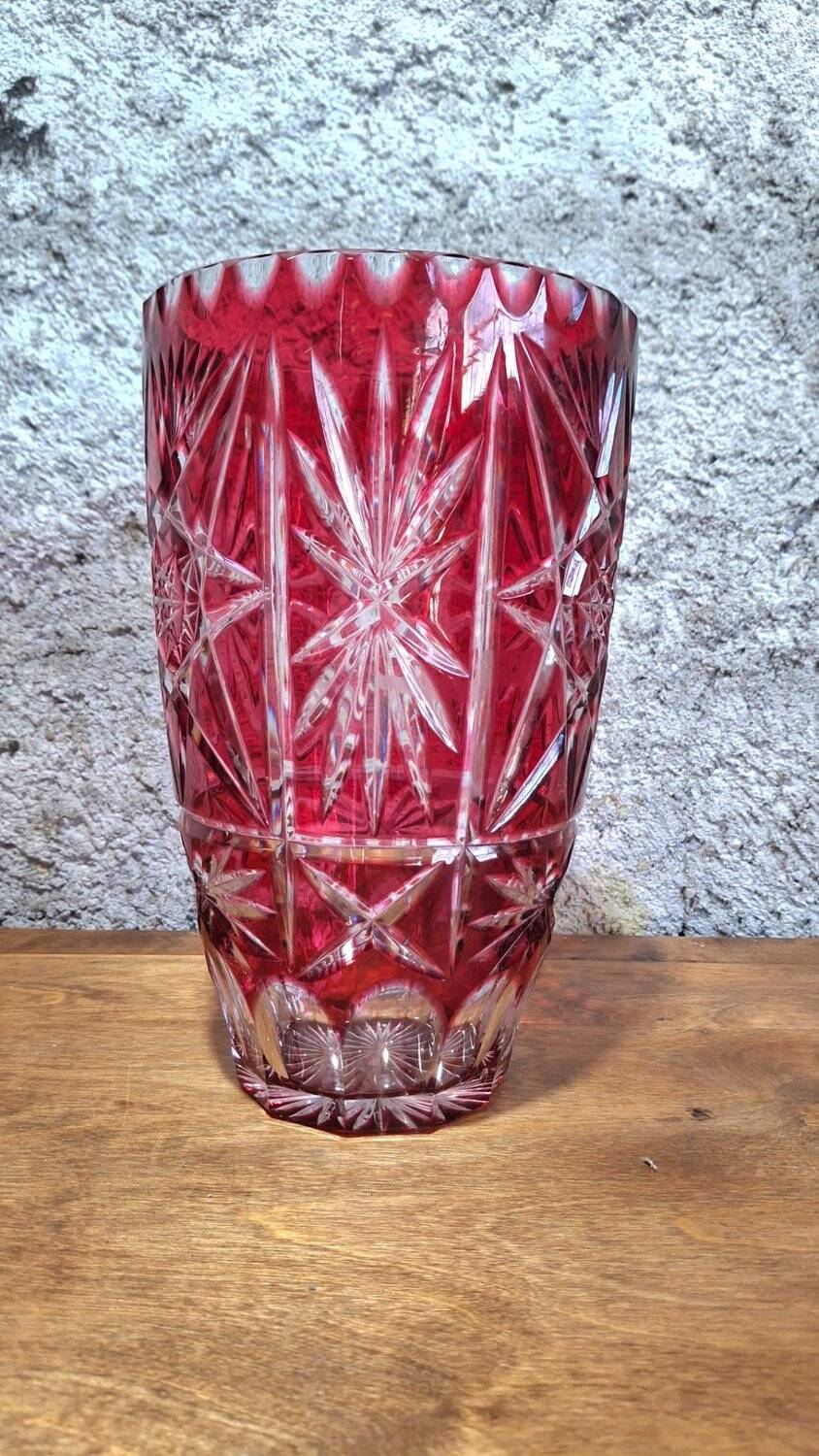 Large ruby red cut crystal vase – Central Europe 1950s