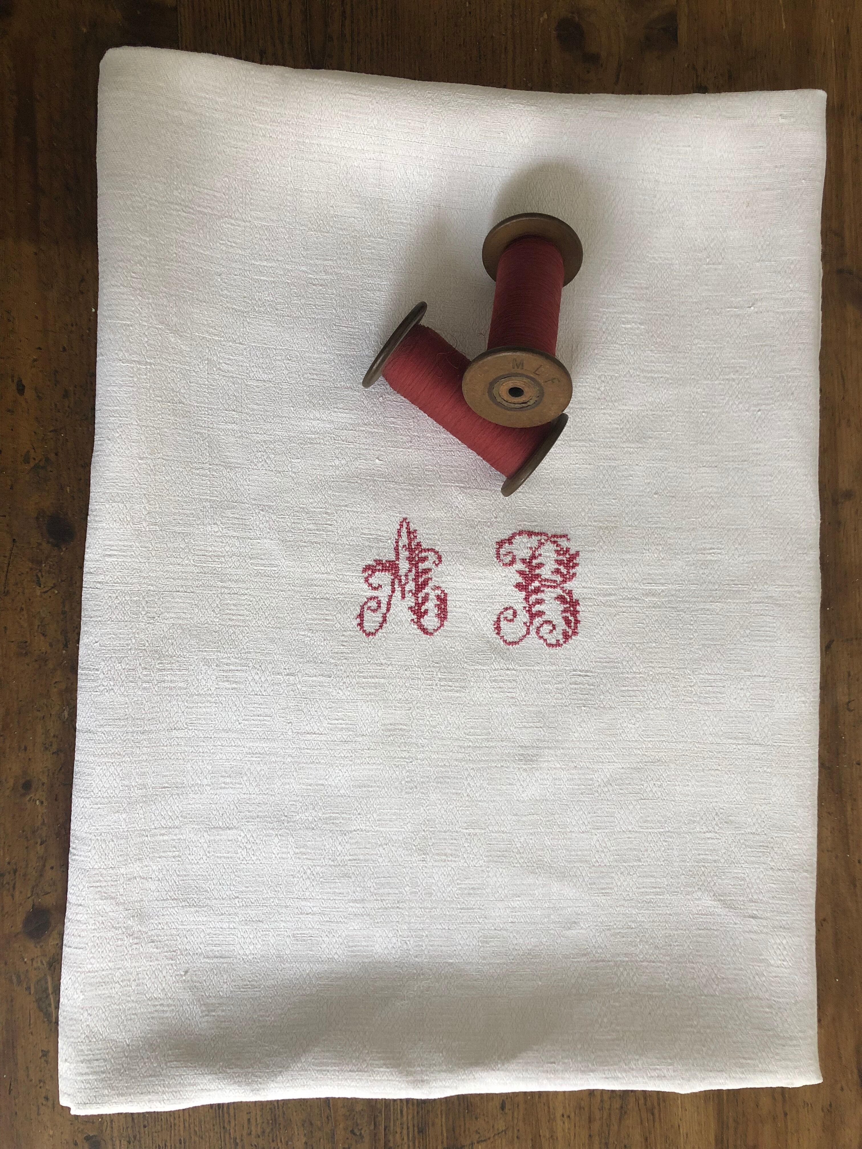 Tablecloth with AB monogram, antique linen